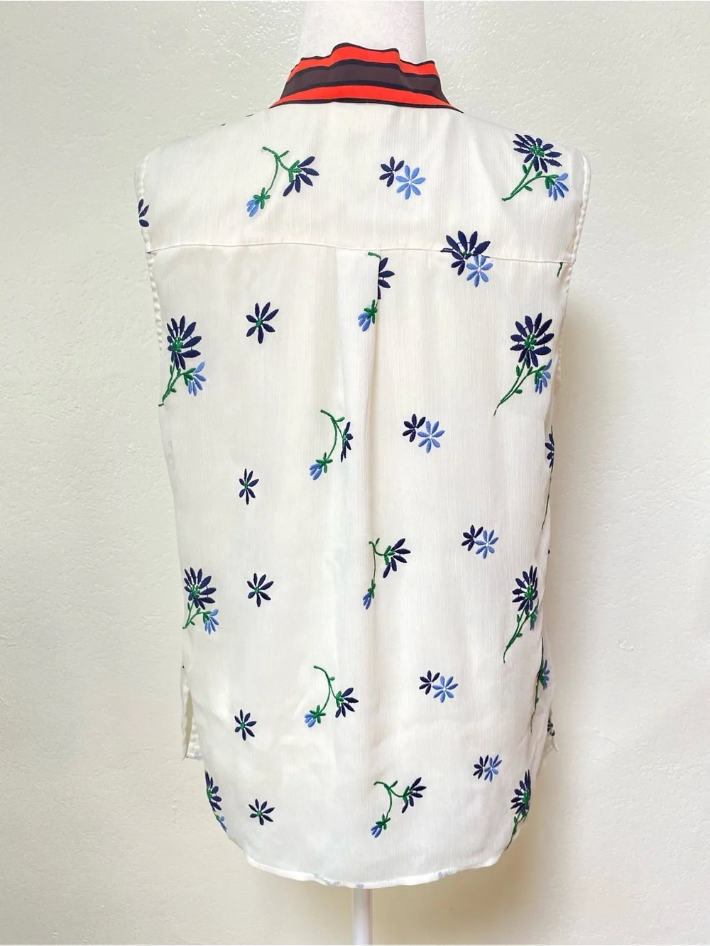 Tory Burch Embroidered Shell Contrast Bow Top Size 12 Ivory Floral